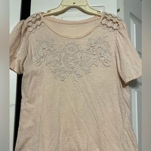 Women’s light, pink dressy tea with lace detail, size medium